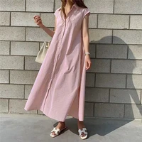 casual striped shirt dress women summer vintage sleeveless lace up loose mixi dress female robe a line