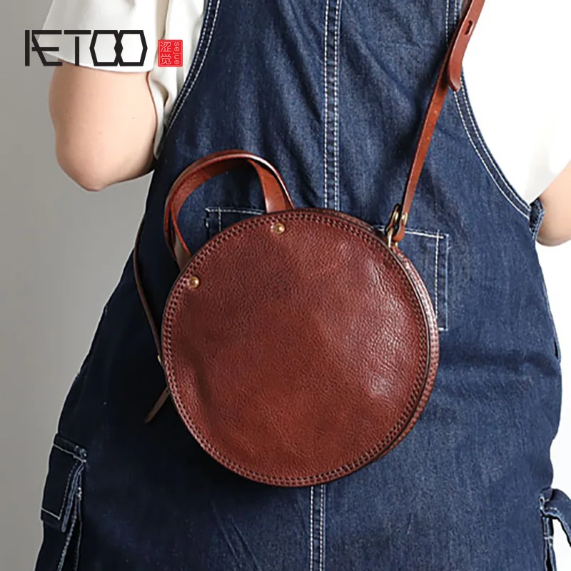 Женская сумка ручной работы AETOO маленькая круглая с верхним слоем кожаная через