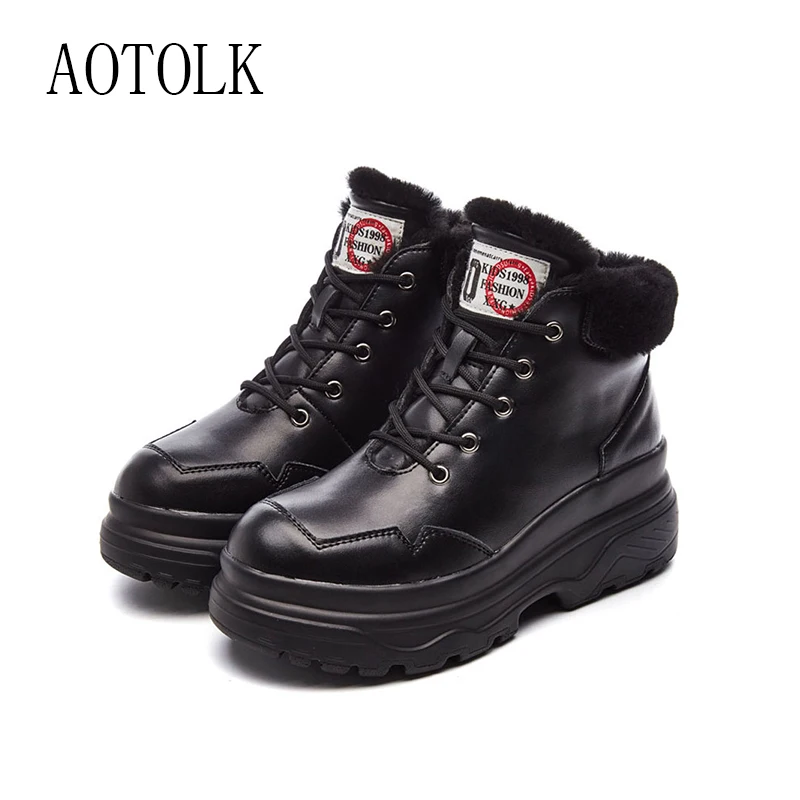 Женские ботильоны Зимние ботинки на платформе Толстые плоские женские туфли