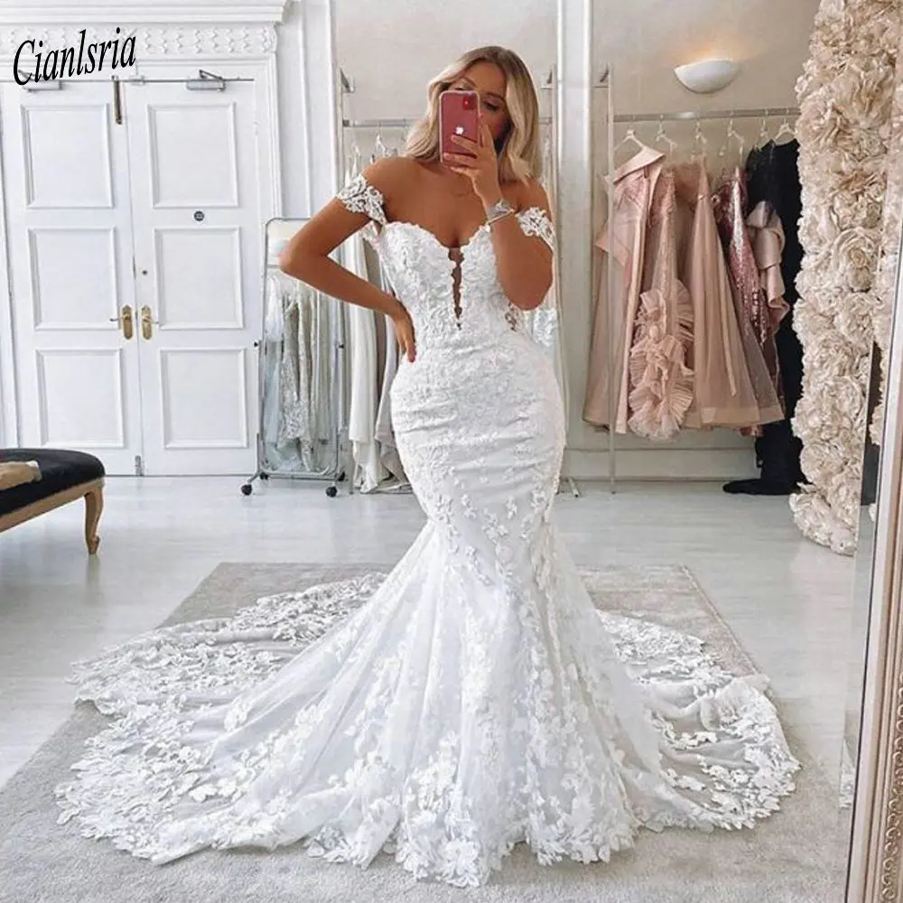 

Alluring Off The Shoulder Floral Appliques Mermaid Wedding Dress Sweetheart Sleeveless Open Back Bridal Gown Vestido De Novia