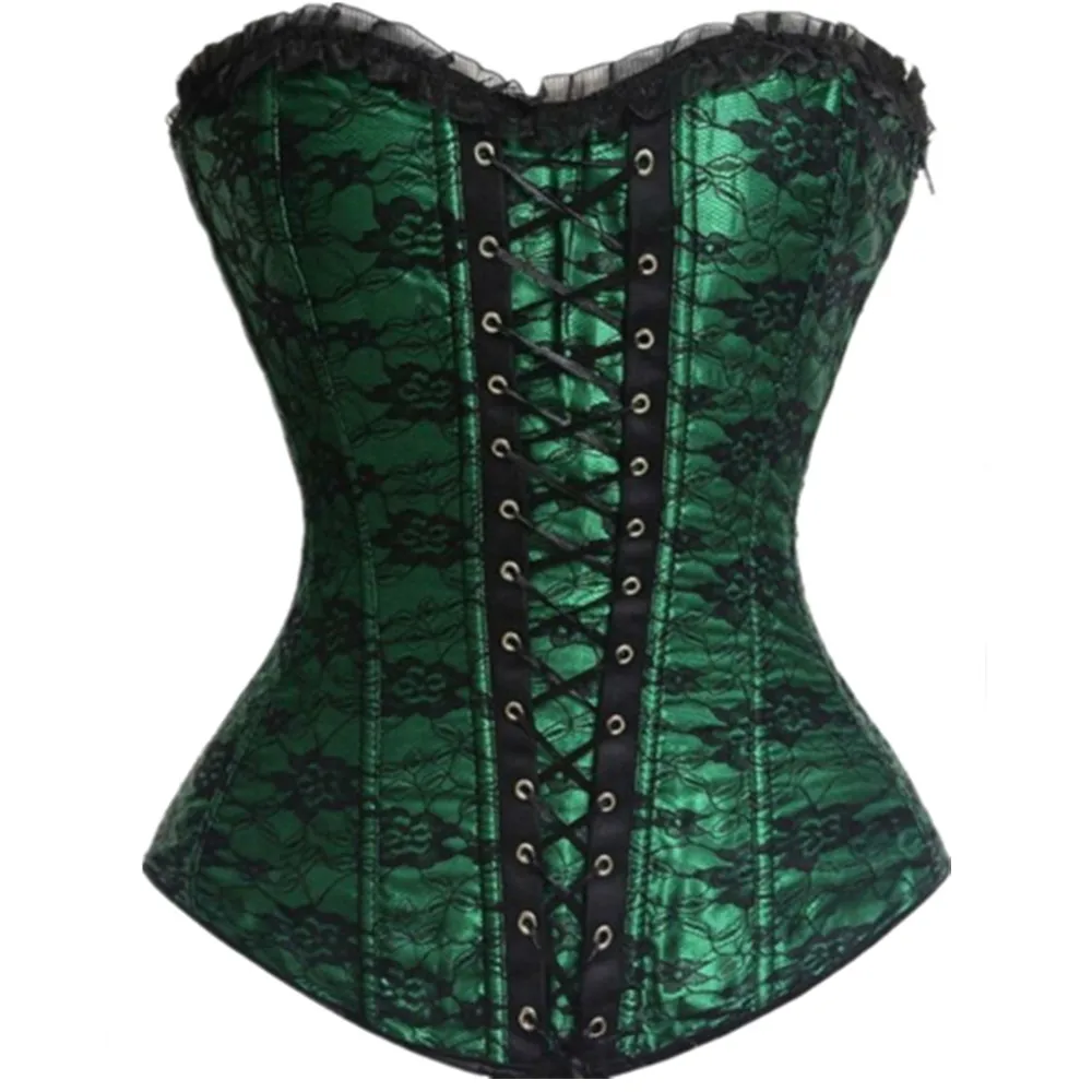 

Sexy Women Lingerie Basque Corselet Bustier with Zipper Side Floral Lace Overlay Corset Overbust Plus Size