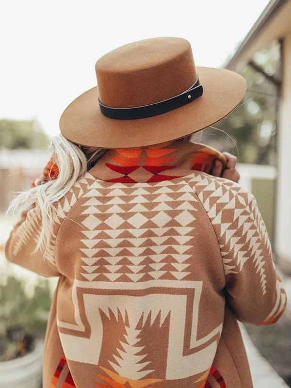 

Retro Ethnic Geometric Print Coat Fall/winter New Long-sleeved Lapel Fashion Single-breasted Casual Comfortable Women Long Coat