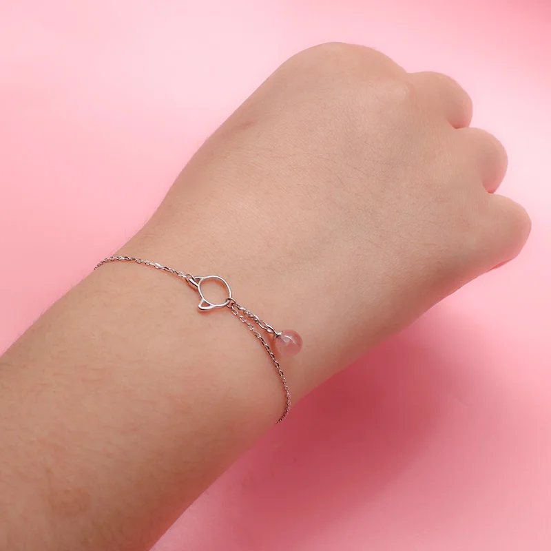 Браслет из серебра 100% пробы с котом и клубничным кристаллом|Гибкие жесткие