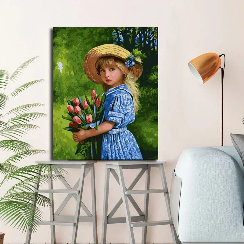 Diy разрисовка с помощью цифровых фотографий масло удерживает Цветок Маленькая девочка Декоративные Картины Ручная роспись декомпрессия вешается на стену