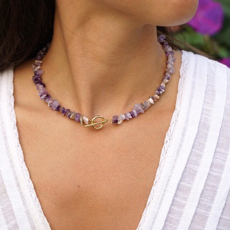

2022 New Choker Pearl Necklace with Irregular Crystal Stone Purple Color Fine Jewelry for Women Gift