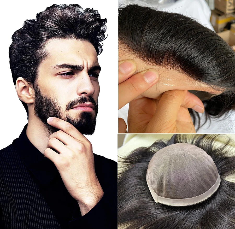 Real European Human HairToupee For Men Fine Mono Lace  Mens Toupee Hairpiece System Wig Hair Replacement Breathable for Men