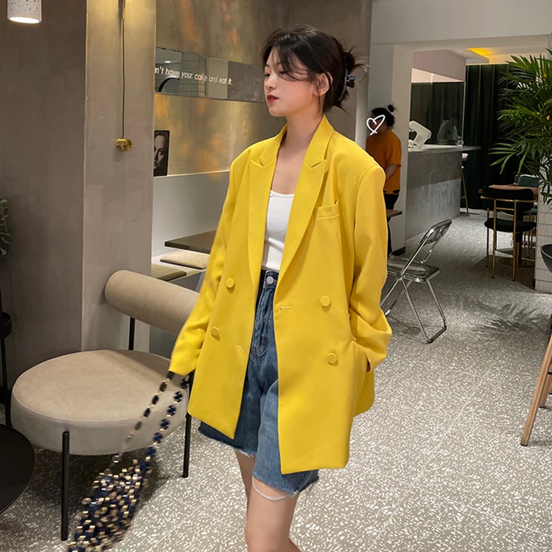 

SHENGPALAE Bright Yellow Blazer Women's Spring Autumn 2021 New Notched Large Size Double Breasted Long Sleeve Suit Coat Female