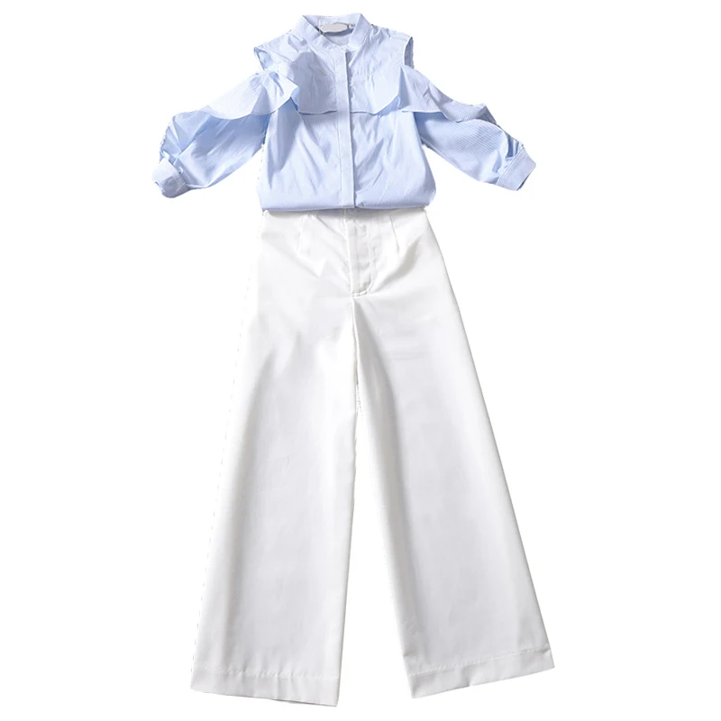 

office lady pant sets 2020 summer off shoulder lantern sleeved ruffles solid shirts and high waist wide leg ankle length pant