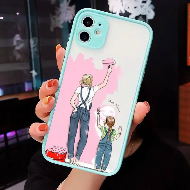 

Super Mom Baby Girl Fashion Family Phone Case For iPhone 12 11 Mini Pro XR XS Max 7 8 Plus X Matte transparent blue Back Cover