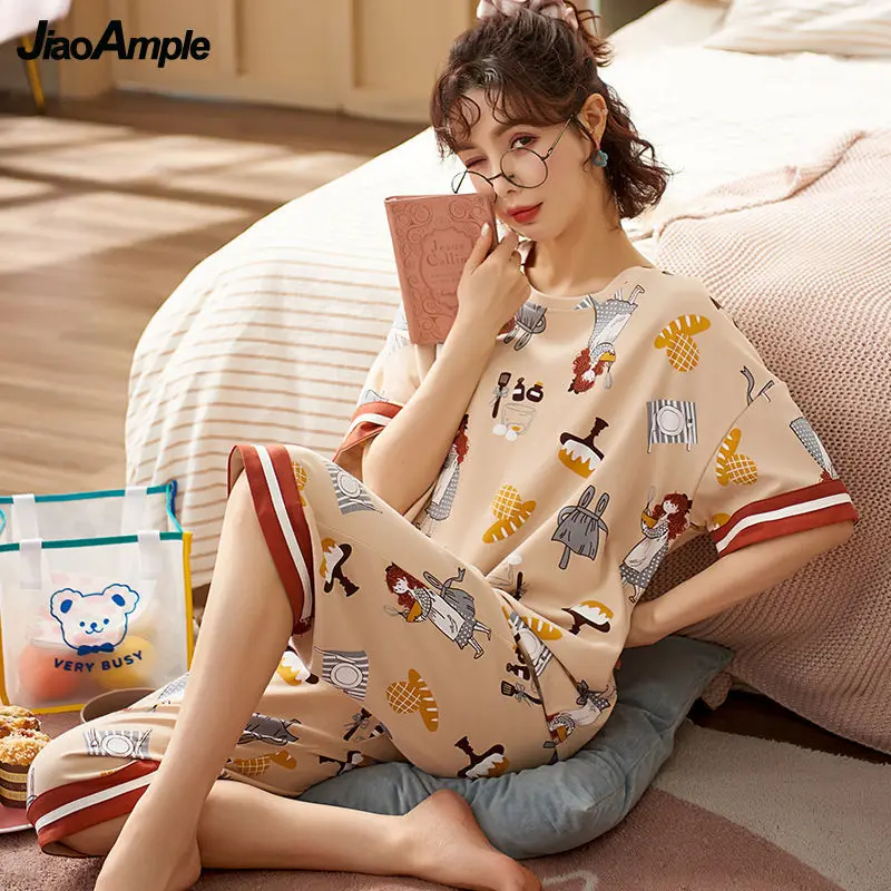 Pajamas Women's Comfortable Cotton Short-Sleeved Shorts Nightie Two-Piece Summer Thin Cute Sleepwear Set Sexy Homewear