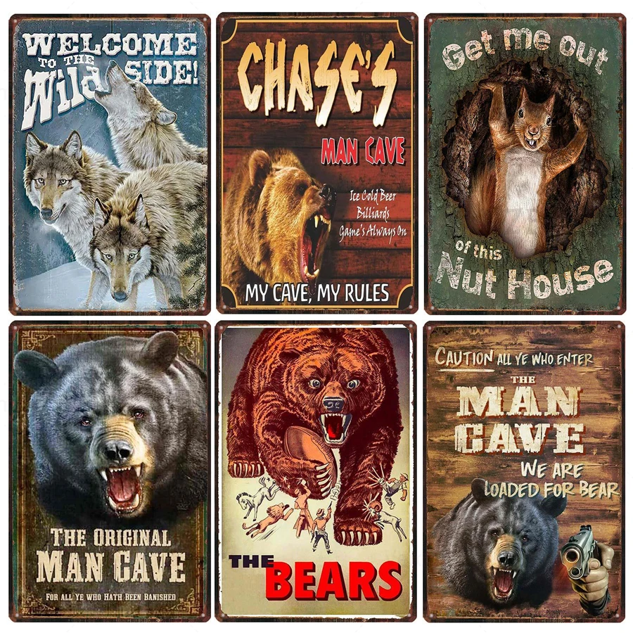

Vintage Man Cave Bear Wolf Metal Tin Sign Plaque Retro metal Poster Bar Pub Club Home Decorative Iron Painting Metal Plate