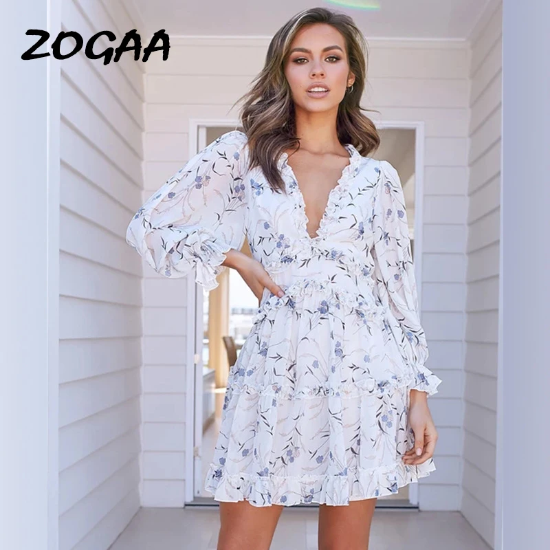 

ZOGAA Dress Women Fashion Short Girls New Ruffled V-neck Floral Print Cake Dress Lantern Sleeve Casual Youth Hot Sale Chic Fresh