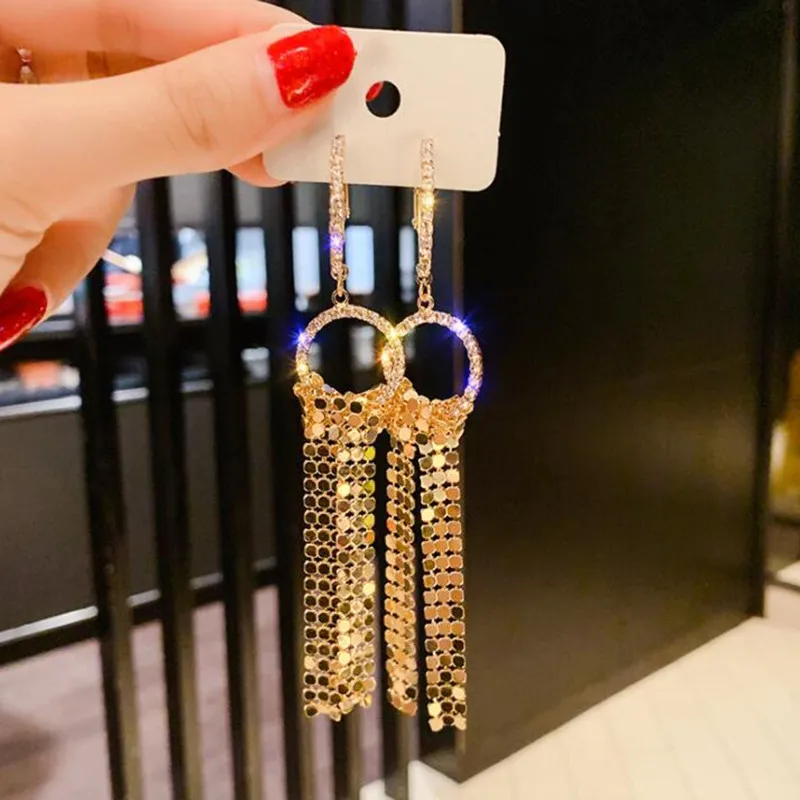 FYUAN длинные висячие серьги со стразами для женщин Bijoux золотистого и серебряного