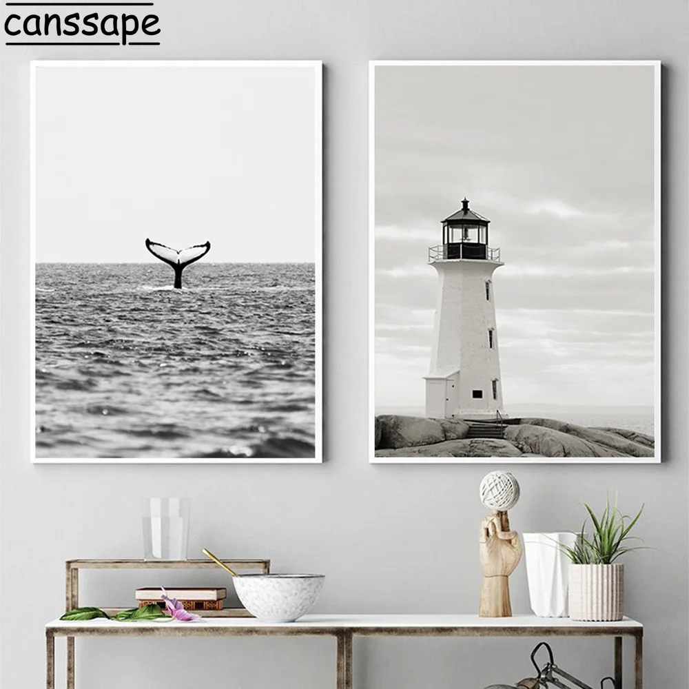 Черно белая Настенная картина Постер с маяком Пляжная Картина на холсте