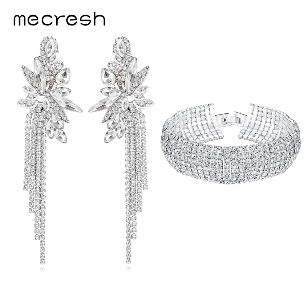 Mecres свадебные серьги кисточки и браслеты в форме цветка с кристаллами наборы