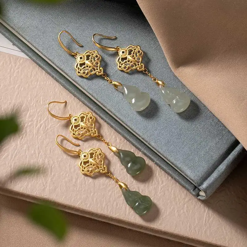 

Slowly Joy. Ruyi Auspicious Small Calabash Hetian Jade S925 Silver Gilding Earrings High-End Earrings Gift