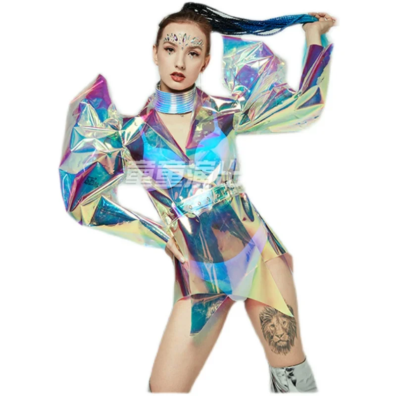 

Hologram Glitter Trendy Women Lantern Sleeve Laser Reflective Coats Shine Punk Dance Long Hip Hop Jacket Ads Model Women Costume