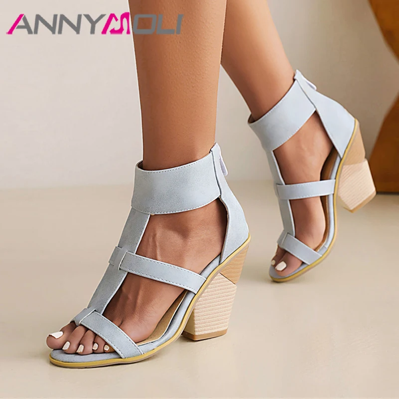 

ANNYMOLI Summer 2022 PU Leather Gladiator Shoes Women Super High Heel Sandals Peep Toe Zipper Chunky Heel Lady Sandals Brown 46