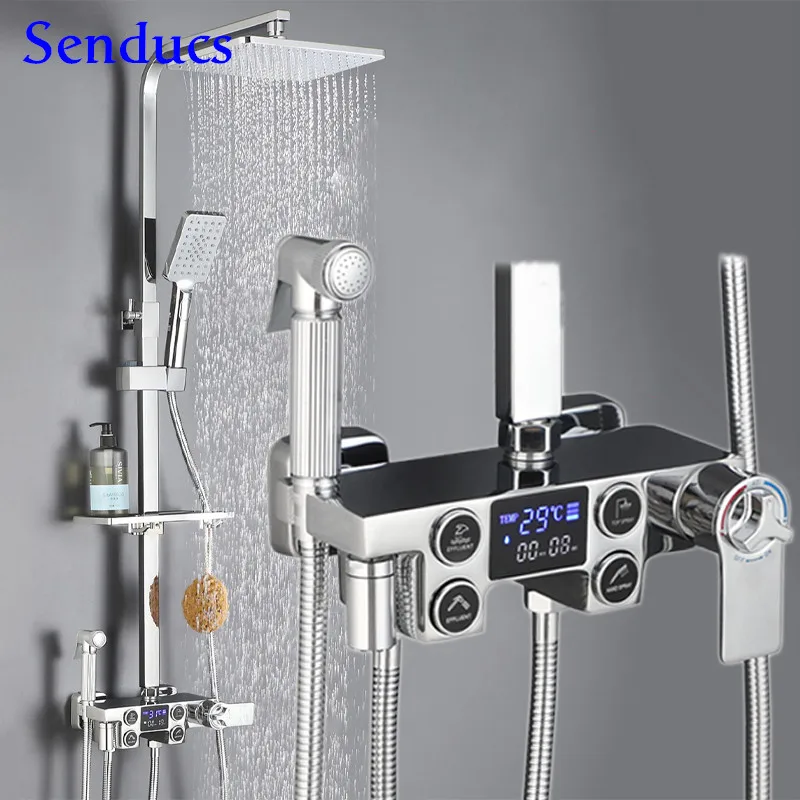 

Senducs Chrome Digital Shower Set Rainfall Shower Head Quality Brass Bathtub Mixer Faucet Chrome Thermostatic Bath Shower Set