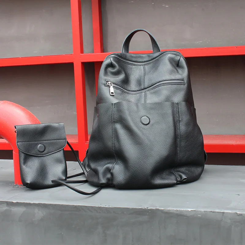 Рюкзак женский из натуральной кожи роскошный черный модный дизайнерский мягкой