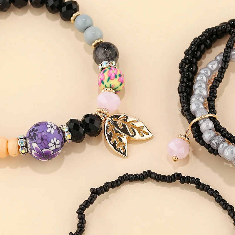 

Women Bohemian Jewelry Multilayer Colorful Beads Bracelet & Bangle Golden Leaf Ethnic Wrap Charm Bracelets Set Pulseras Feminina