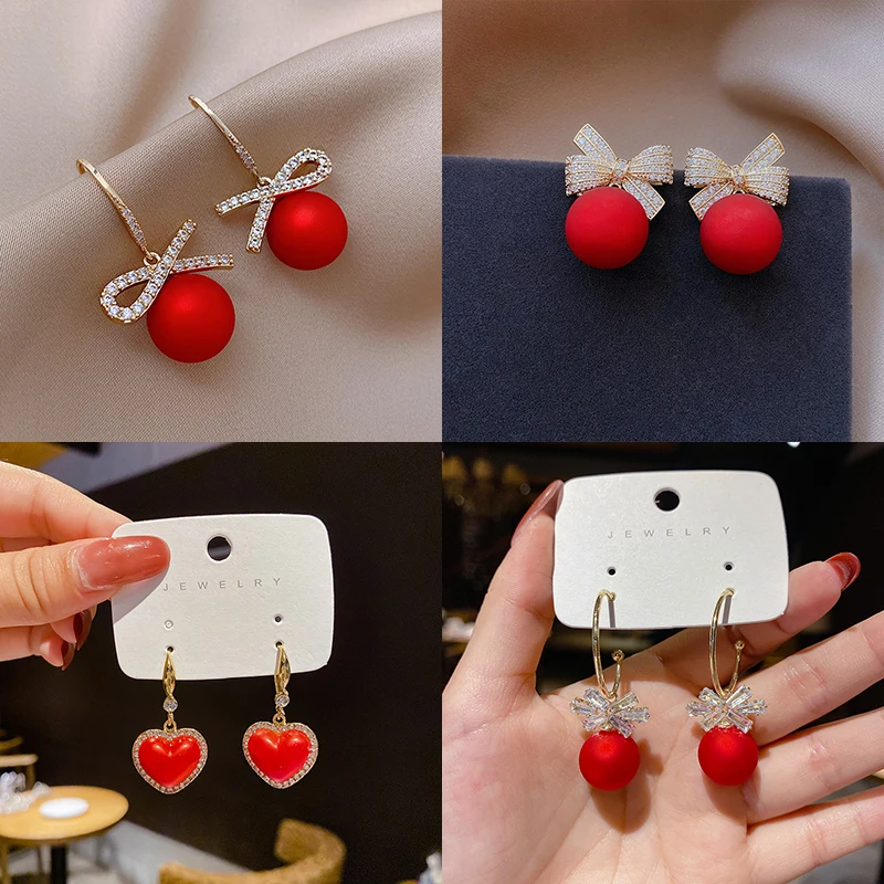 

Fashion Red Ball Drop Elegant Earring For Women Korean Crystal Bow Tie Pearl Cherry Flower Rhinestone Lady Party Ear Jewelry