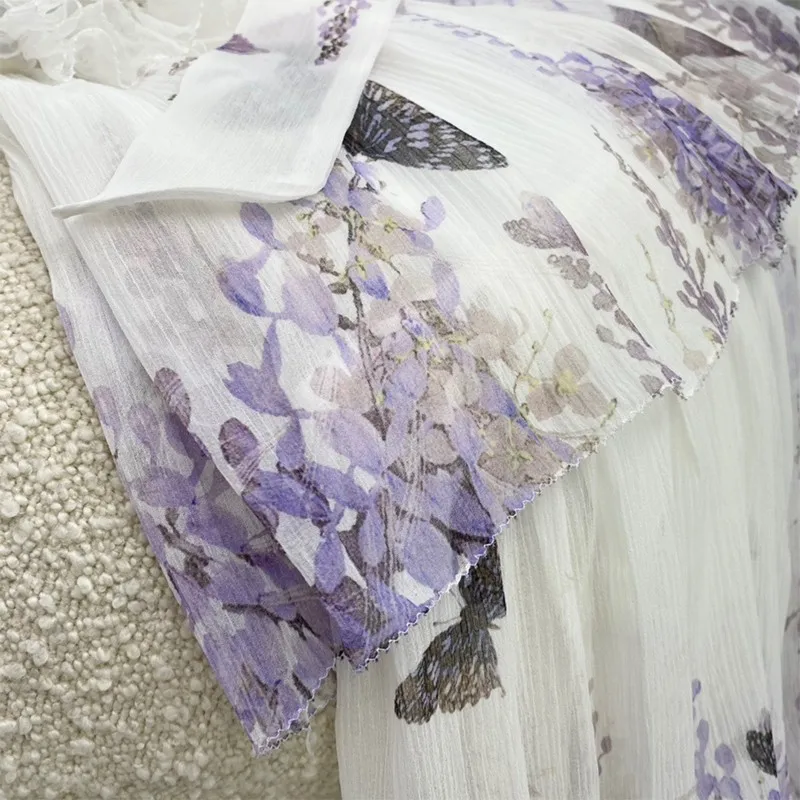 

2021 Women Summer Fashion High Quality 100% Silk Lavender Butterfly Floral Print White Ankle Length Dresses With Two Waist Belts