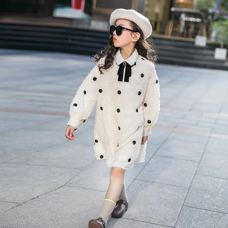 princesas toddler girl dresses cream pink polka dot dress with long sleeve 4-14Y elegant fall clothes girls autumn outfit | Детская
