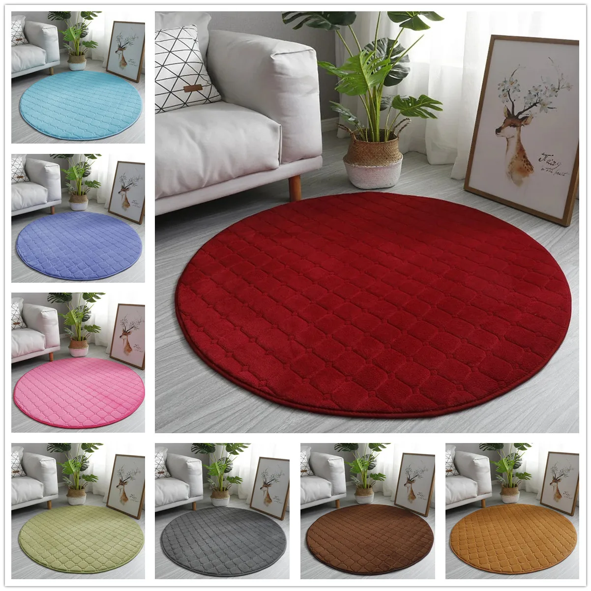 

Round Carpet Living Room Red Plaid Kitchen Mat Carpets Bedroom Rug Anti-slip Coral Velvet Entrance Doormat Bath Mat 120cm