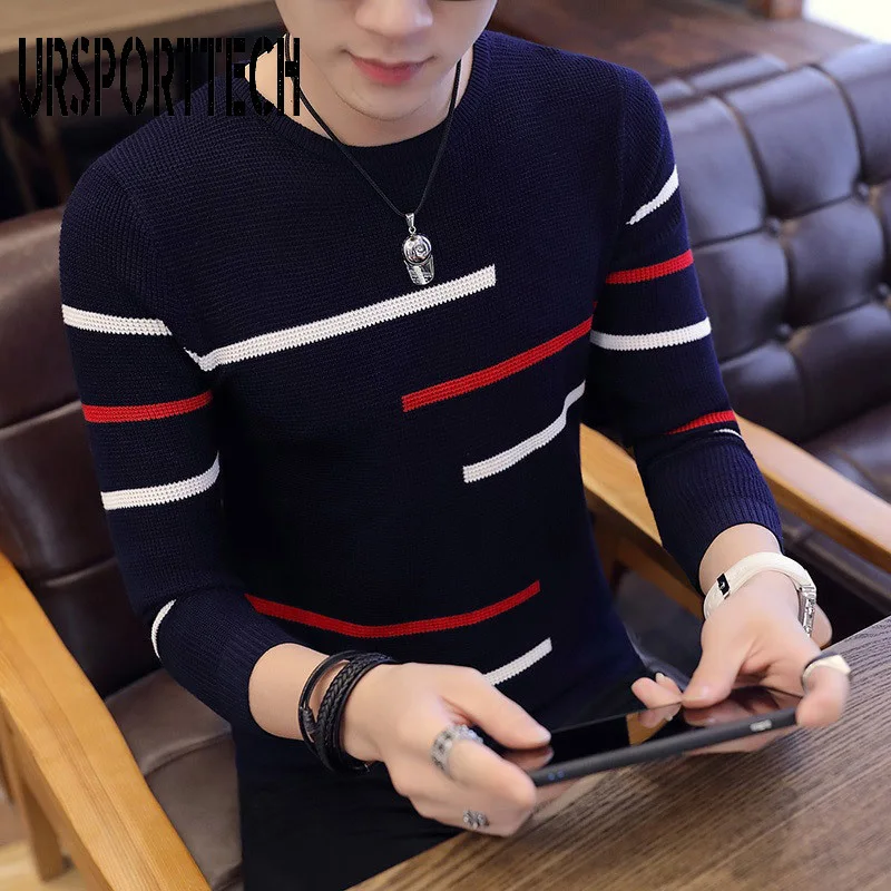

URSPORTTECH Men Sweater Casual Slim Fit Long Sleeve Knitted Sweater High Quality Winter Pullover Homme Warm Navy Coat Plus Size