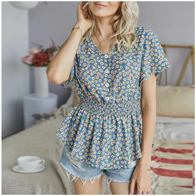 

Elegant Short Sleeve Printing Women blouse shirt 2020 Summer Sexy V-Neck pullover tops Ladies New Casual basic blusa R671