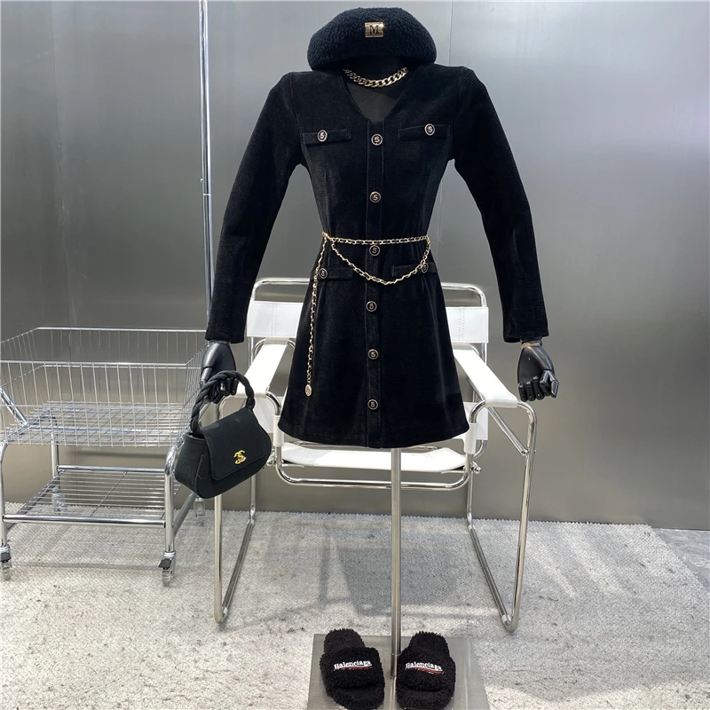 

Новый бренд оригинального дизайна 2021 французское платье Хепберн пикантное вельветовое платье с V-образным вырезом и длинным рукавом