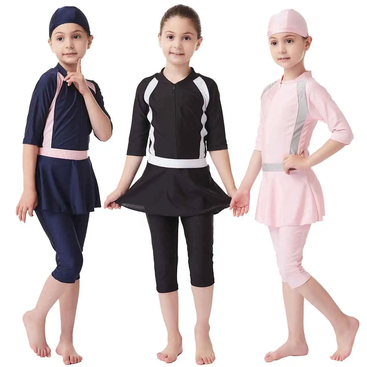 Girls Swimwear Bodysuits+short skirt+caps Hui Ethnic Conservative Turkish Islamic Swimsuits Muslim Bathing Beachwear