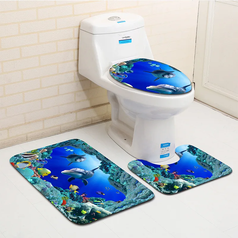 

3D Blue Ocean Deep Sea Dolphin 3 Piecet Toilet Cover Non Slip Mat Bath Rugs Toilet Seat Bath Rug Accessories for Bathroom Decor