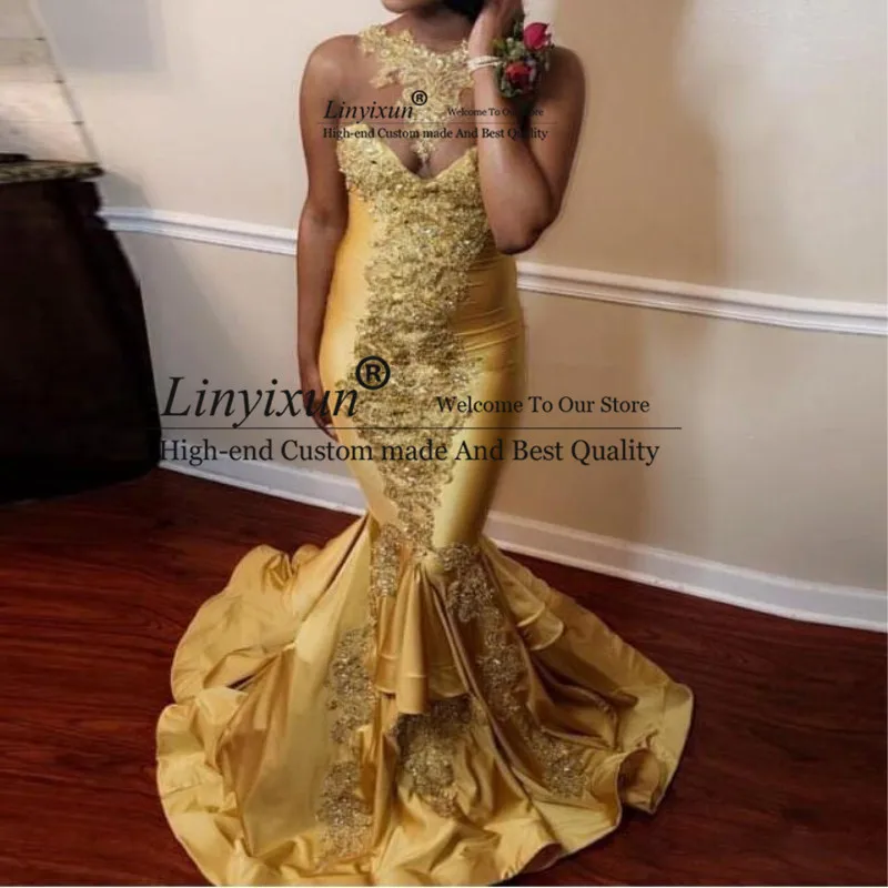 

Sexy Sheer Gold Appliqued Mermaid Prom Dresses Plus Size Satin Formal Evening Gowns Tiered Ruffles Long Prom Dress