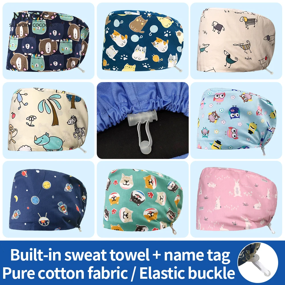 

Cartoon Animals Printing Nurse Hats for Women Lab Pharmacy Work Caps for Men Pet Grooming Doctor Surgicals Cap Wholesale Prices