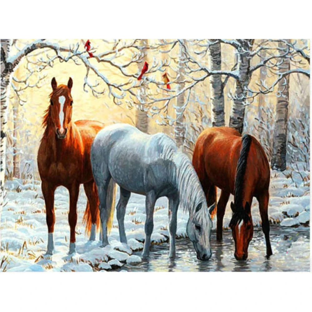 Snow Two Horse Animal DIY Cross Stitch 11CT Embroidery Kits Needlework Craft Set Cotton Thread Printed Canvas Home Sale |