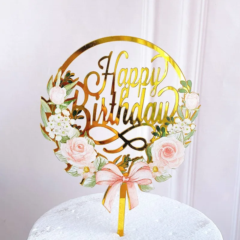 

New Happy Birthday Cake Topper Golden Acrylic DIY Birthday party Dessert Cakes Decoration For Baby Shower Cake Toppers Supplies
