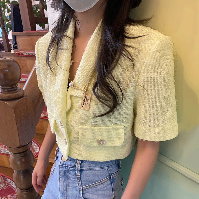 

Korejpaa Women Jackets 2021 Summer Korean Chic Ladies Vintage Loose Suit Collar Short-Sleeved Two Buttons Pockets Design Jacket