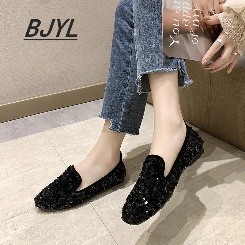 

Shoes Female Students 2021 New Sequins Korean Version of Peas Shoes Women Autumn Flat-heel Social Ladies Single Shoes Women