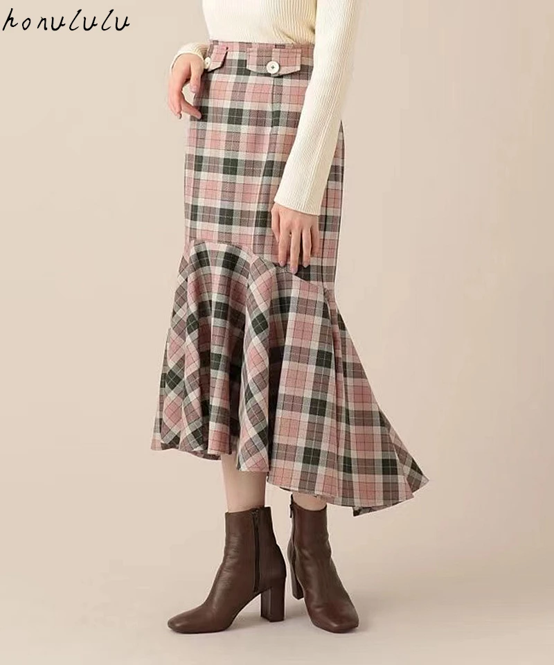 

2021 spring new plaid waisted fishtail bag hip irregular skirt women
