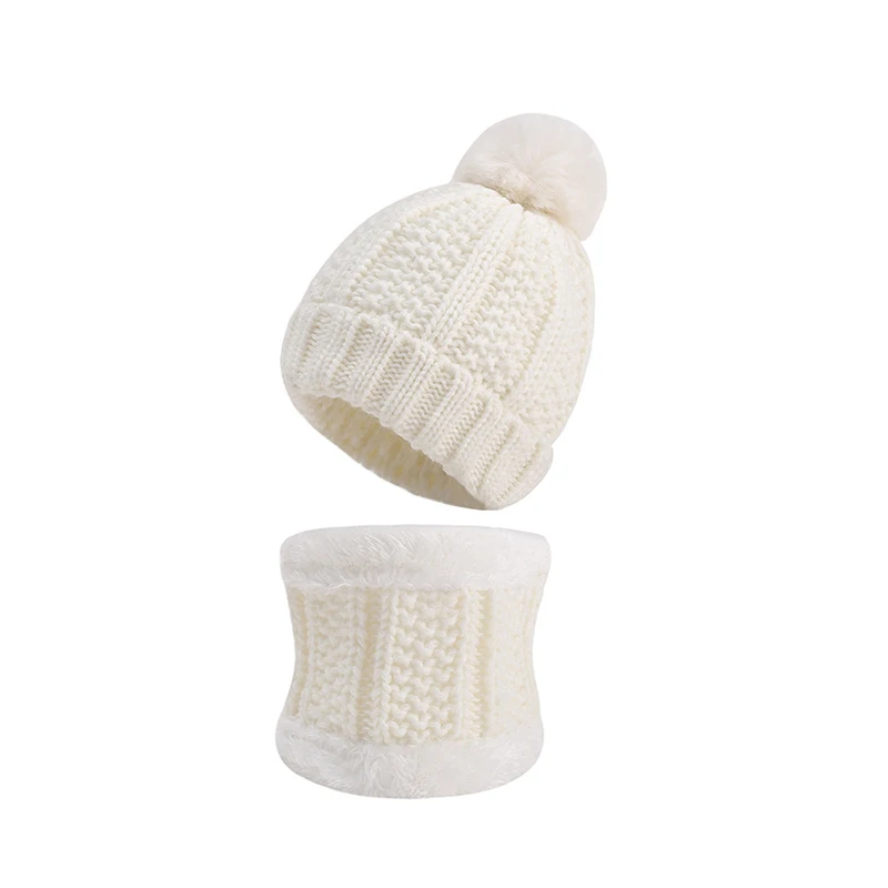 

Cute Knitted Two pieces Hat Scarf Winter Keep Warm Children's Hats Girls Caps Fake Ball Pompon Kids Hat Solid Color Scarf 2020