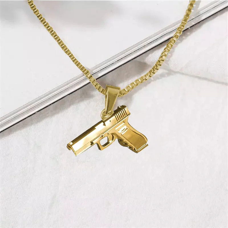 

Cool Black Gold Silver Color Gun Shaped Pendants Necklace For Women Men Army Style Party Long Chain Punk Jewelry