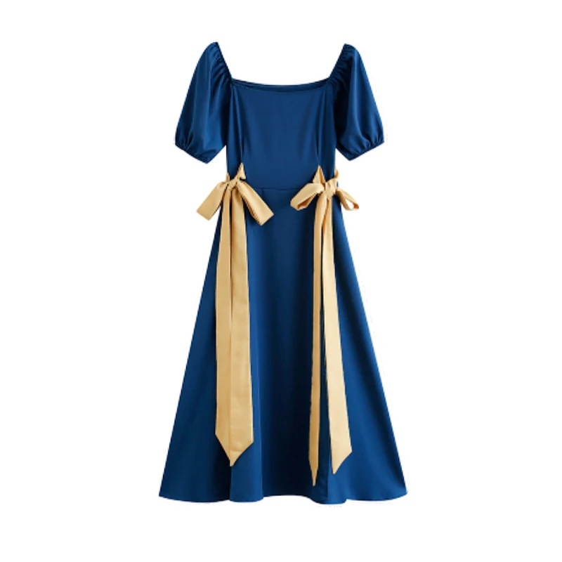 

Elegant Square Collar Bow Blue Princess MId Dress for Women 2021 Summer New Simple French Retro Puff Short Sleeve Dresses Ladies