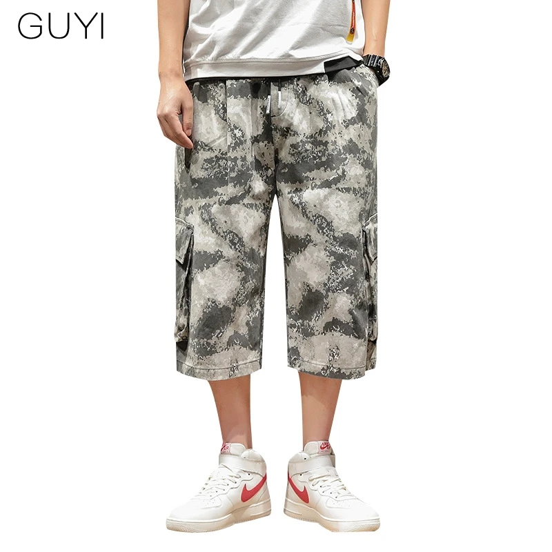 

Style Men Pants Capris Cropped Trousers Casual Camouflage Pockets Lace up Summer Overalls Original Japan Loose Oversized