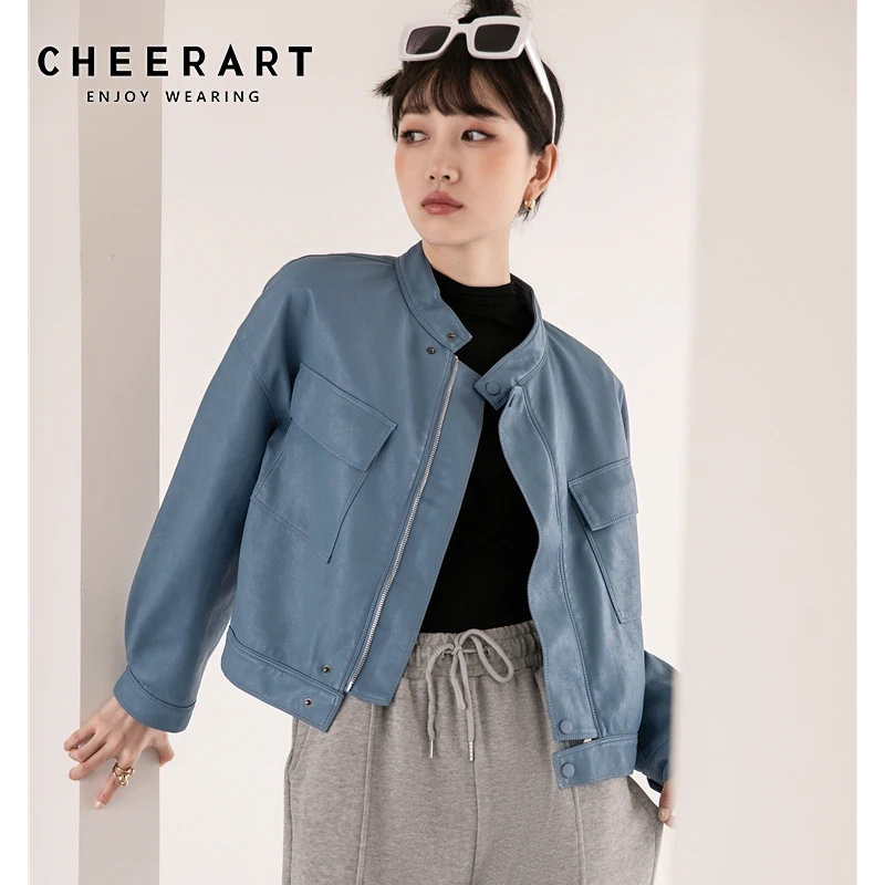 

Куртка-бомбер из искусственной кожи, синяя, Байкерская, с воротником-стойкой, для осени, 2020