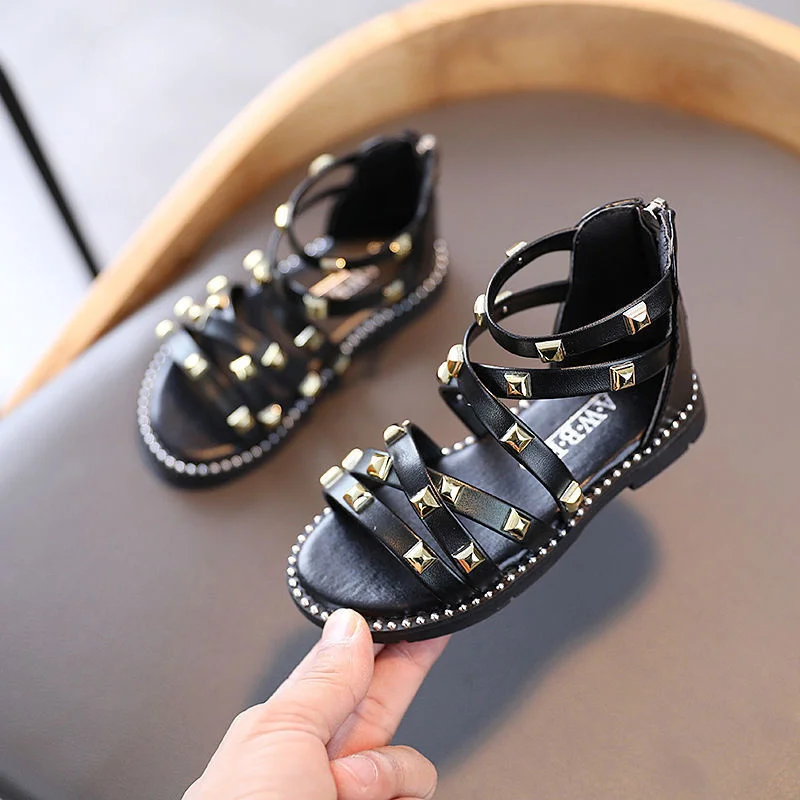 

Children's Fashion Roman Sandals 2021 Summer New Girls' Soft Soled Baby Shoes Little Bag Heel Rivet School Students Performing
