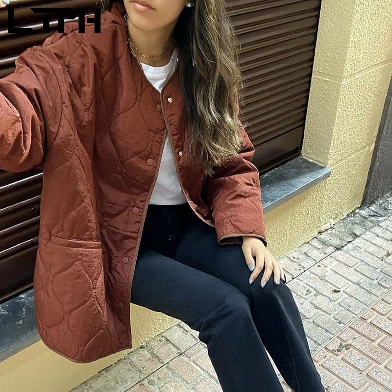 LTPH Brick red women parkas loose warm puffer jacket long sleeve single breasted vintage streetwear casual coat 2022 spring new