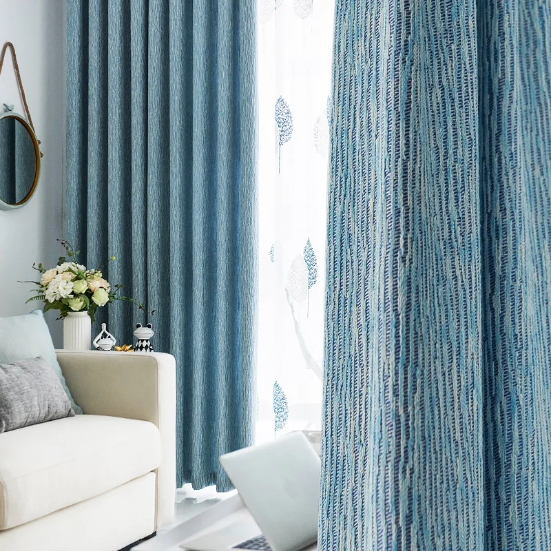 

Custom Curtains for Living Room Cotton Nordic Blue Bedroom Yarn-dyed Cloth Blackout Tulle Drape