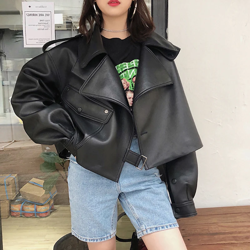 

LY VAREY LIN New Spring Autumn Women Pu Motorcycle Coat Fashion Loose Faux Leather Short Jacket Turn-down Collar Black Outwear